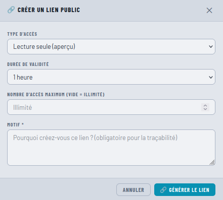 Création d'un lien public encadré pour un document