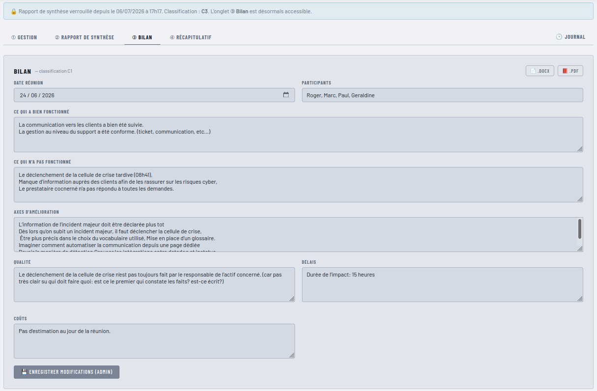 Bilan RETEX exporté en Word ou PDF